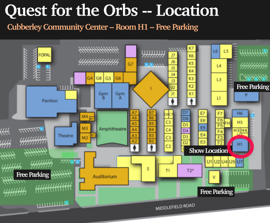 Annotated map showing Cubberley Community Center parking and room H1 location